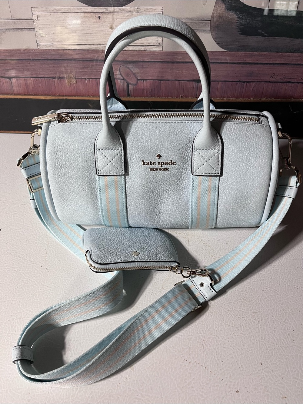 Kate Spade Light Blue Pebbled Leather Barrel Satchel with Stripe Strap